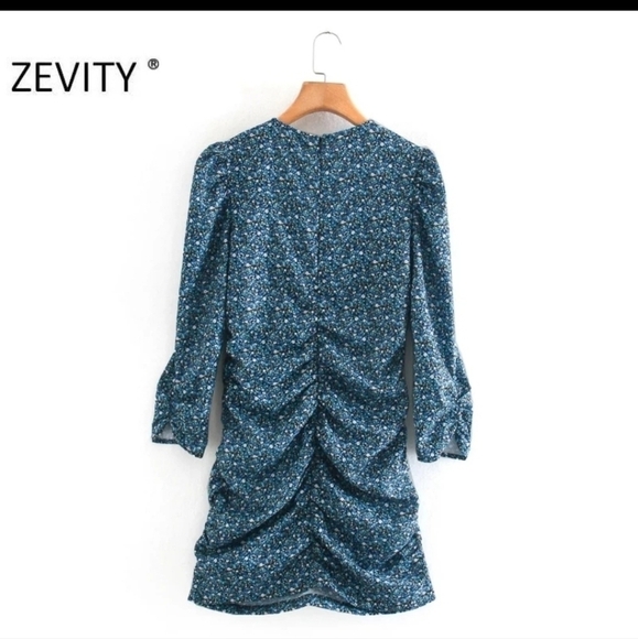 Blue Ditsy Floral Mini Ruched Dress - Picture 6 of 9